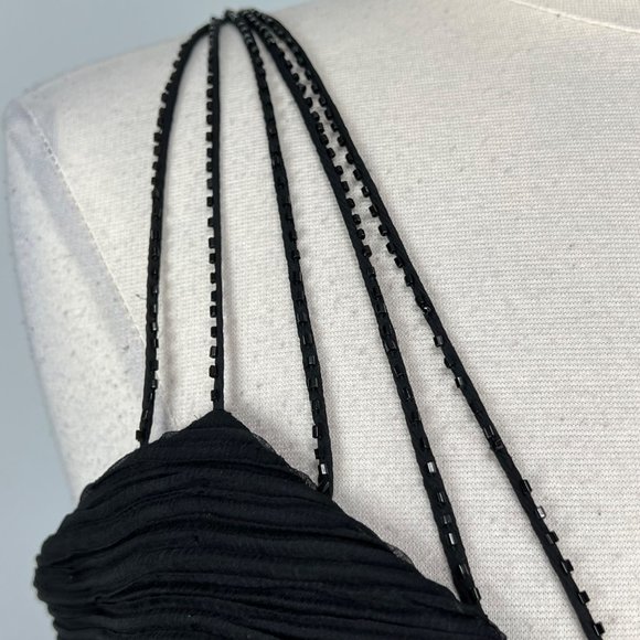 Sue Wong Silk Ruched Evening Dress Black Beaded Sequins Leaf Tassels size 14 - Picture 5 of 16